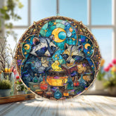 Raccoon Potion Acrylic Suncatcher, Stained Glass Style Magical Raccoons with Cauldron and Stars, Fantasy Witchy Window Hanging Decor